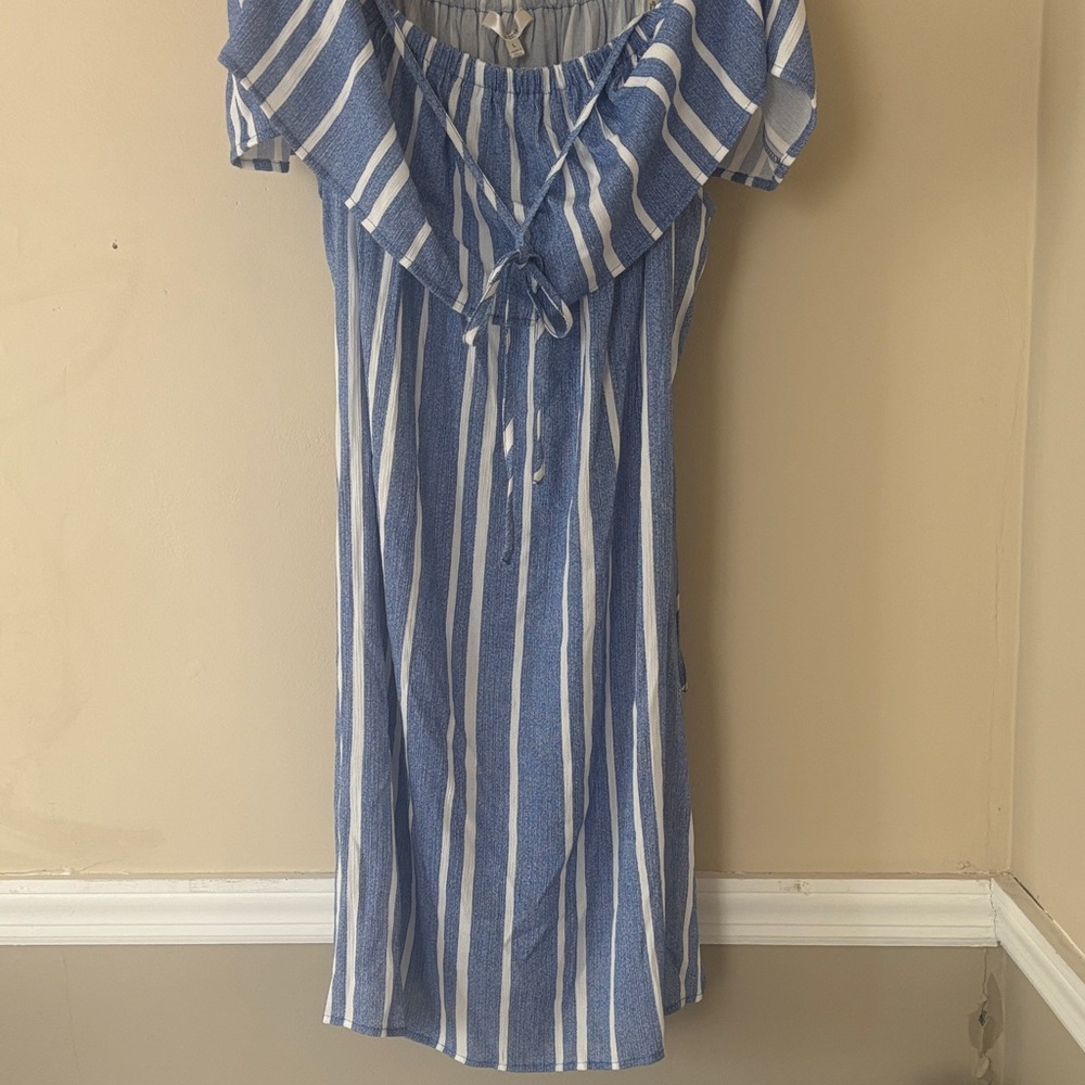 Blue and White Striped Off-Shoulder Dress lightweight Flirty Tie Front NWT